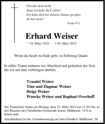 Traueranzeige von Erhard Weiser von Tageszeitung