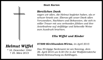 Traueranzeige von Helmut Wiffel von Tageszeitung