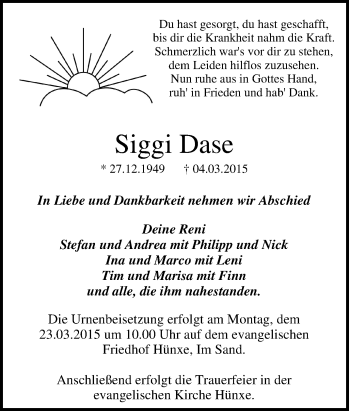 Traueranzeige von Siggi Dase von Tageszeitung