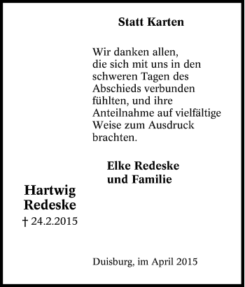 Traueranzeige von Haartwig Redeske von Tageszeitung