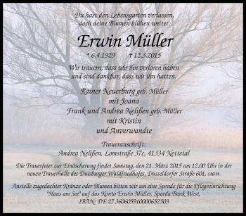 Traueranzeige von Erwin Müller von Tageszeitung