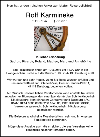 Traueranzeige von Rolf Karmineke von Tageszeitung