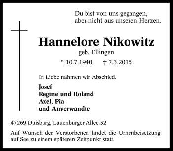 Traueranzeige von Hannelore Nikowitz von Tageszeitung