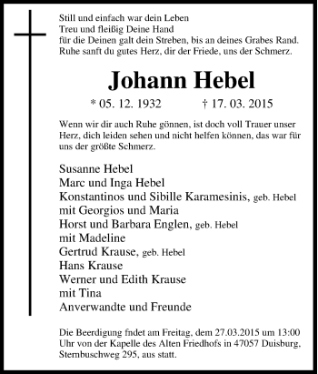 Traueranzeige von Johann Hebel von Tageszeitung
