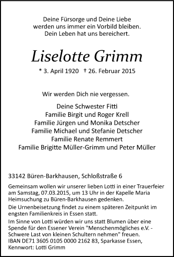Traueranzeige von Liselotte Grimm von Tageszeitung