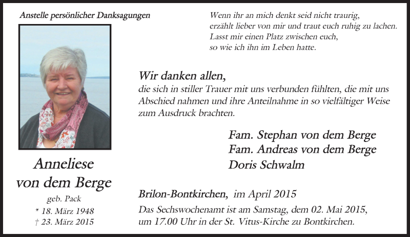  Traueranzeige für Anneliese von dem Berge vom 25.03.2015 aus Tageszeitung