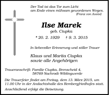 Traueranzeige von Ilse Marek von Tageszeitung