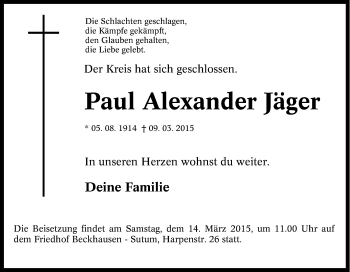 Traueranzeige von Paul Alexander Jäger von Tageszeitung