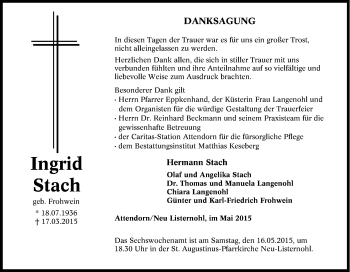Traueranzeige von Ingrid Stach von Tageszeitung