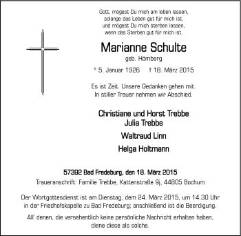 Traueranzeige von Marianne Schulte von Tageszeitung