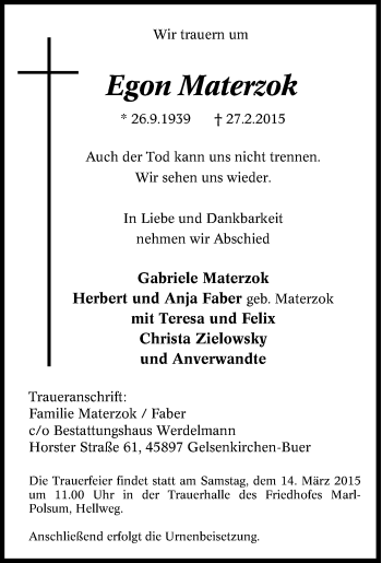 Traueranzeige von Egon Materzok von Tageszeitung