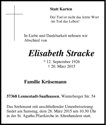 Traueranzeige von Elisabeth Stracke von Tageszeitung