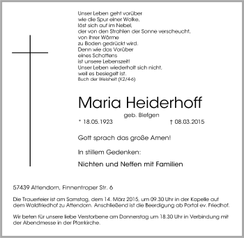 Traueranzeige von Maria Heiderhoff von Tageszeitung
