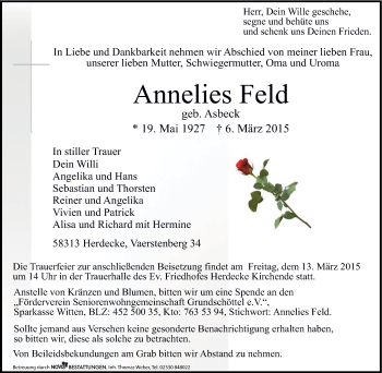 Traueranzeige von Annelies Feld von Tageszeitung