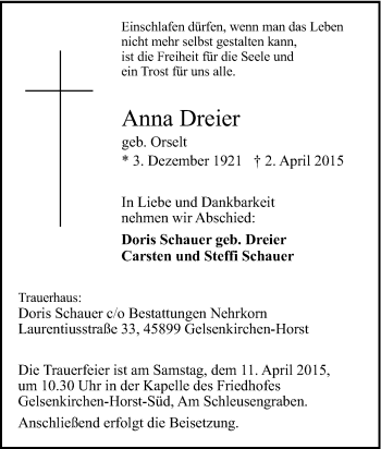 Traueranzeige von Anna Dreier von Tageszeitung