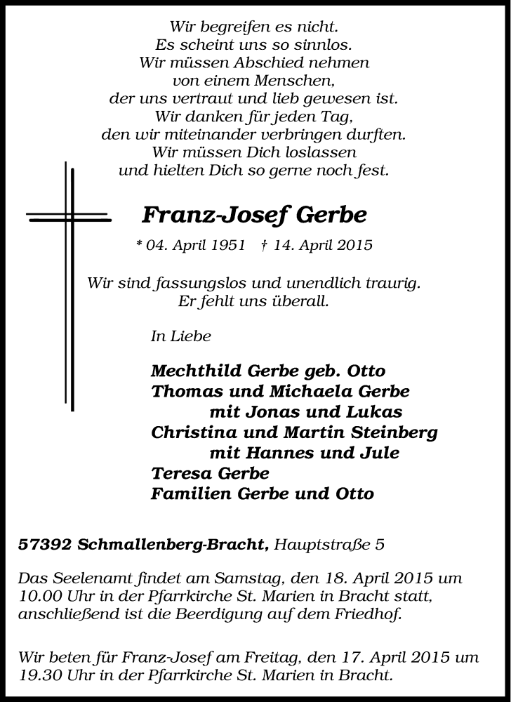 Traueranzeige für Franz-Josef Gerbe vom 15.04.2015 aus Tageszeitung