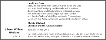 Traueranzeige von Johann Wilhelm Sökeland von Tageszeitung