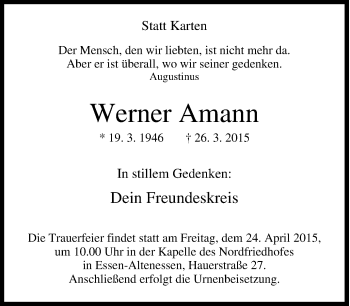 Traueranzeige von Werner Amann von Tageszeitung