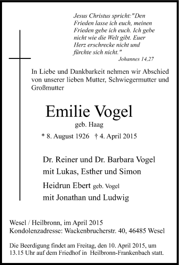 Traueranzeige von Emilie Vogel von Tageszeitung