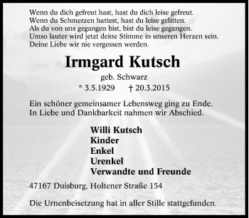 Traueranzeige von Irmgard Kutsch von Tageszeitung