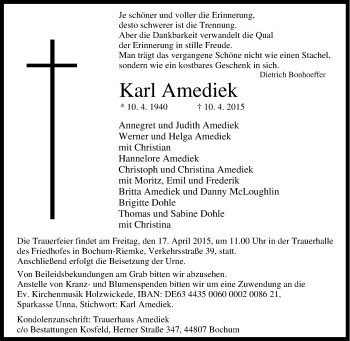 Traueranzeige von Karl Amediek von Tageszeitung