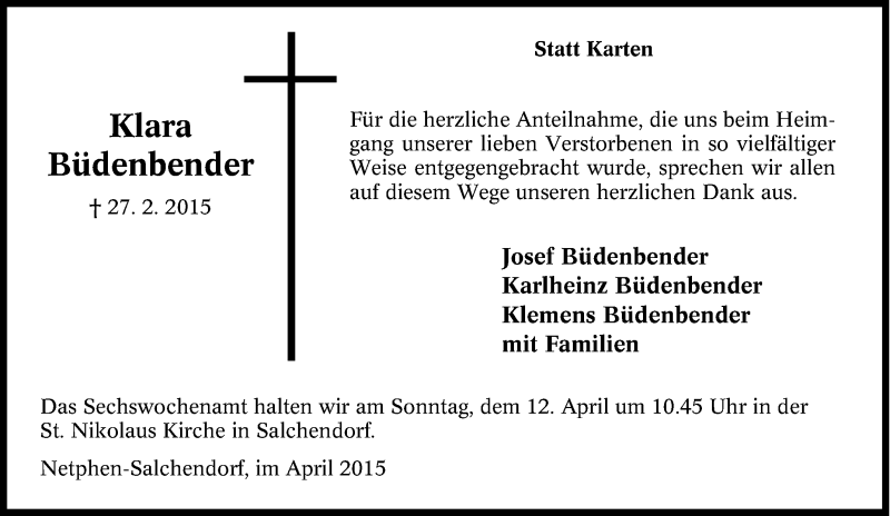  Traueranzeige für Klara Büdenbender vom 04.04.2015 aus Tageszeitung