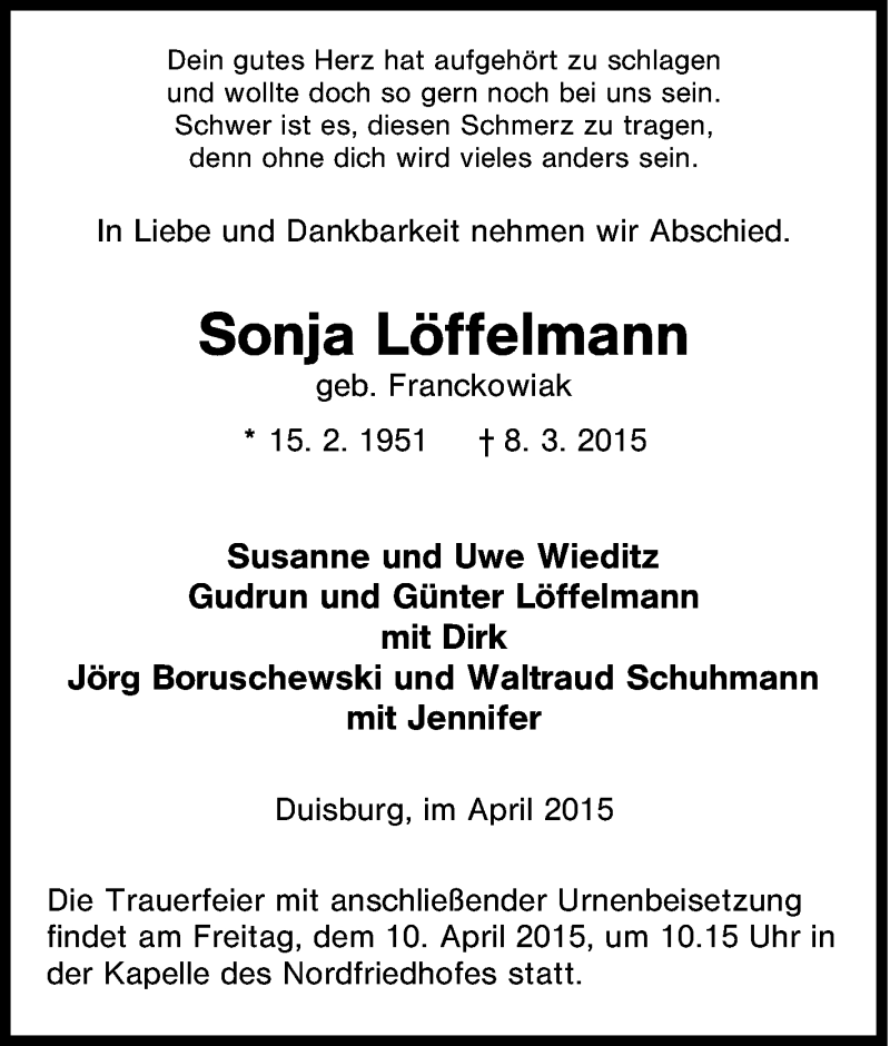  Traueranzeige für Sonja Löffelmann vom 04.04.2015 aus Tageszeitung