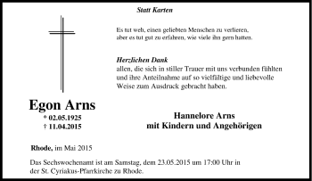 Traueranzeige von Egon Arns von Tageszeitung