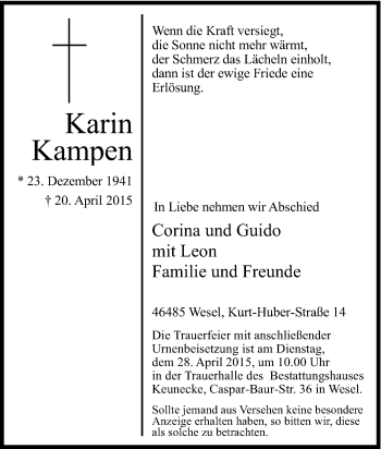 Traueranzeige von Karin Kampen von Tageszeitung
