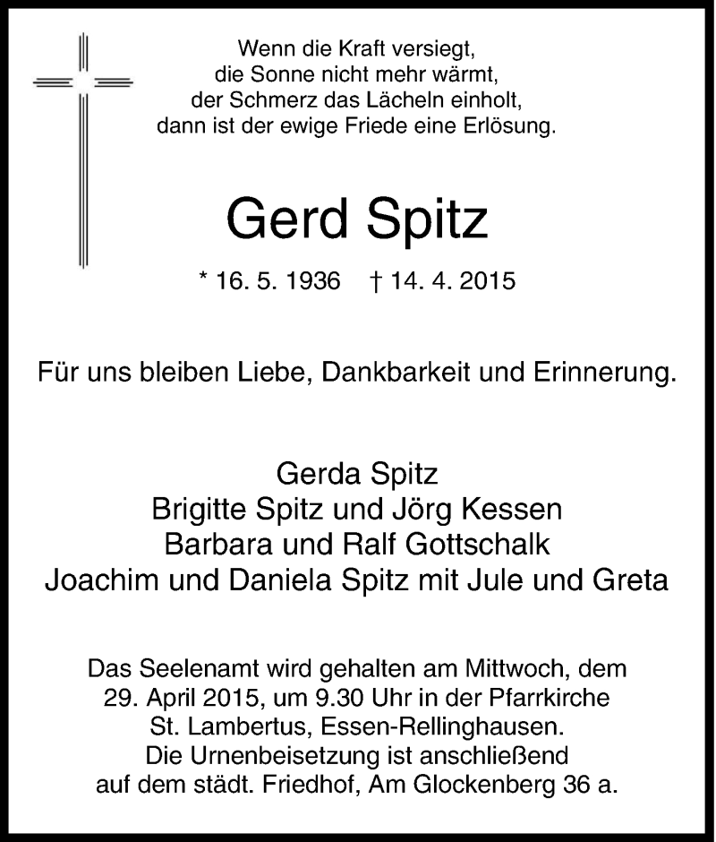  Traueranzeige für Gerd Spitz vom 22.04.2015 aus Tageszeitung