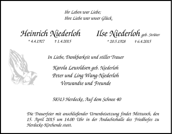 Traueranzeige von Heinrich und Ilse  Niederloh von Tageszeitung