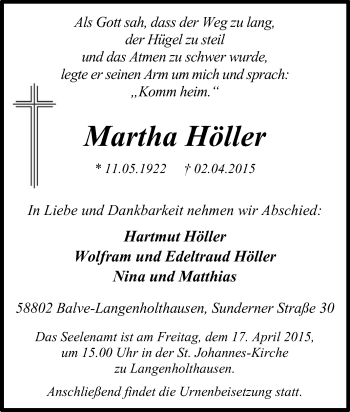 Traueranzeige von Martha Höller von Tageszeitung