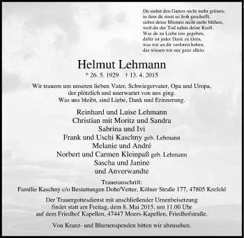 Traueranzeige von Helmut Lehmann von Tageszeitung