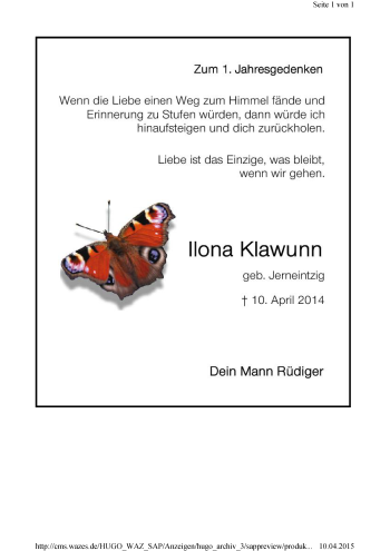Traueranzeige von Ilona Klawunn von Tageszeitung