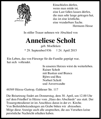 Traueranzeige von Anneliese Scholt von Tageszeitung