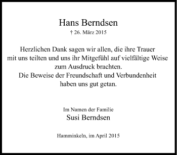 Traueranzeige von Hans Berndsen von Tageszeitung