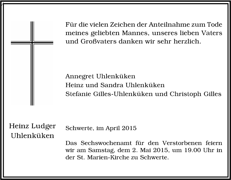  Traueranzeige für Heinz Ludger Uhlenküken vom 18.04.2015 aus Tageszeitung
