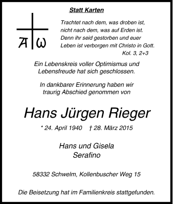 Traueranzeigen von Hans Jürgen Rieger TrauerinNRW.de