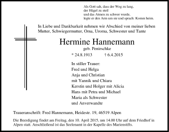 Traueranzeige von Hermine Hannemann von Tageszeitung