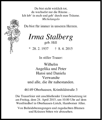 Traueranzeige von Irma Stalberg von Tageszeitung
