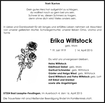 Traueranzeige von Erika Wittstock von Tageszeitung