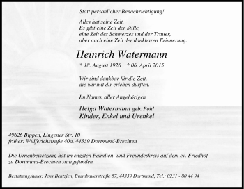 Traueranzeige von Heinrich Watermann von Tageszeitung