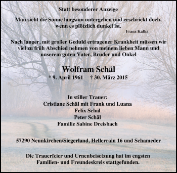 Traueranzeige von Wolfram Schäl von Tageszeitung