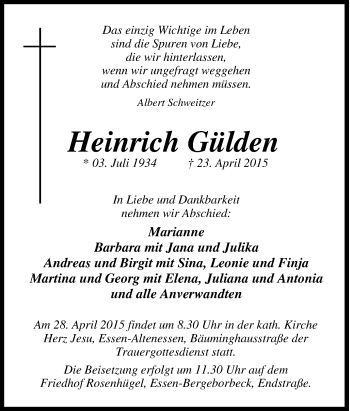Traueranzeige von Heinrich Gülden von Tageszeitung