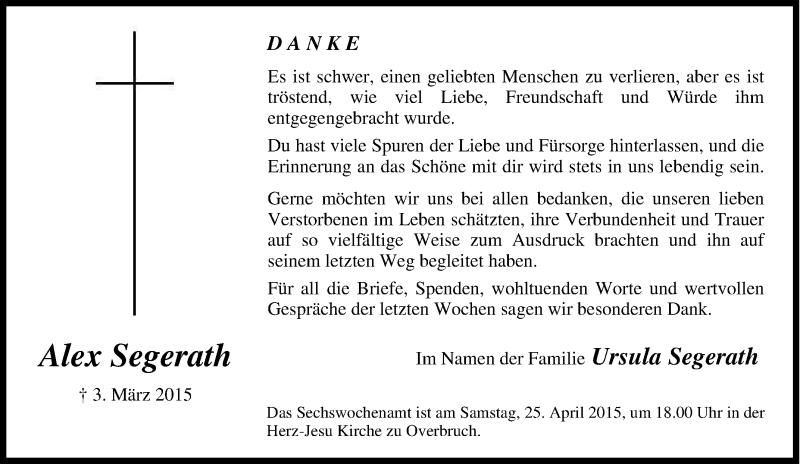  Traueranzeige für Alex Segerath vom 18.04.2015 aus Tageszeitung
