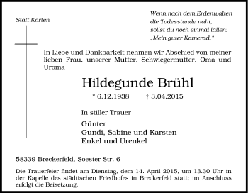 Traueranzeige von Hildegunde Brühl von Tageszeitung