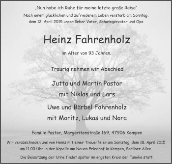 Traueranzeige von Heinz Fahrenholz von Tageszeitung