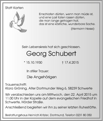 Traueranzeige von Georg Schubert von Tageszeitung