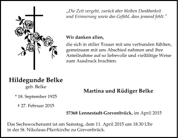 Traueranzeige von Hildegunde Belke von Tageszeitung