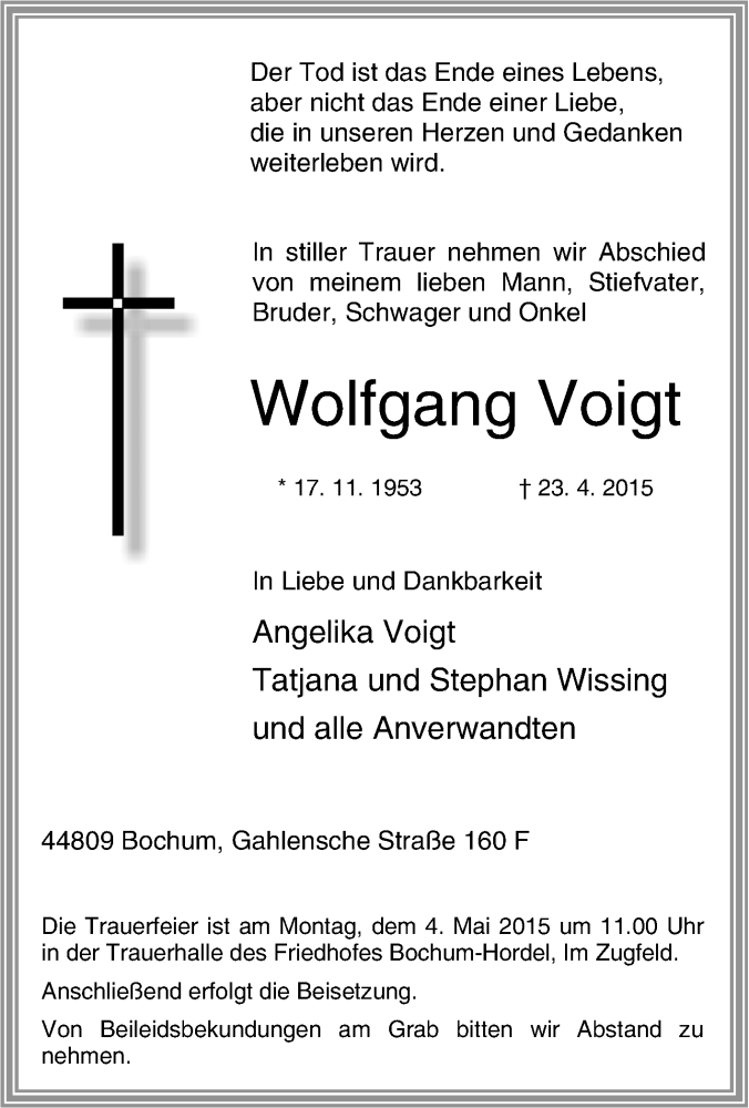  Traueranzeige für Wolfgang Voigt vom 29.04.2015 aus Tageszeitung